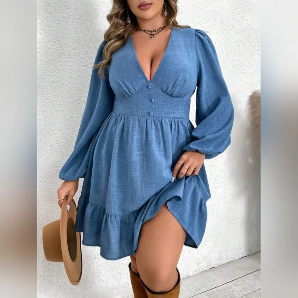 Linen Blue Lantern Sleeve Deep V Dress size 3XL - Picture 1 of 9